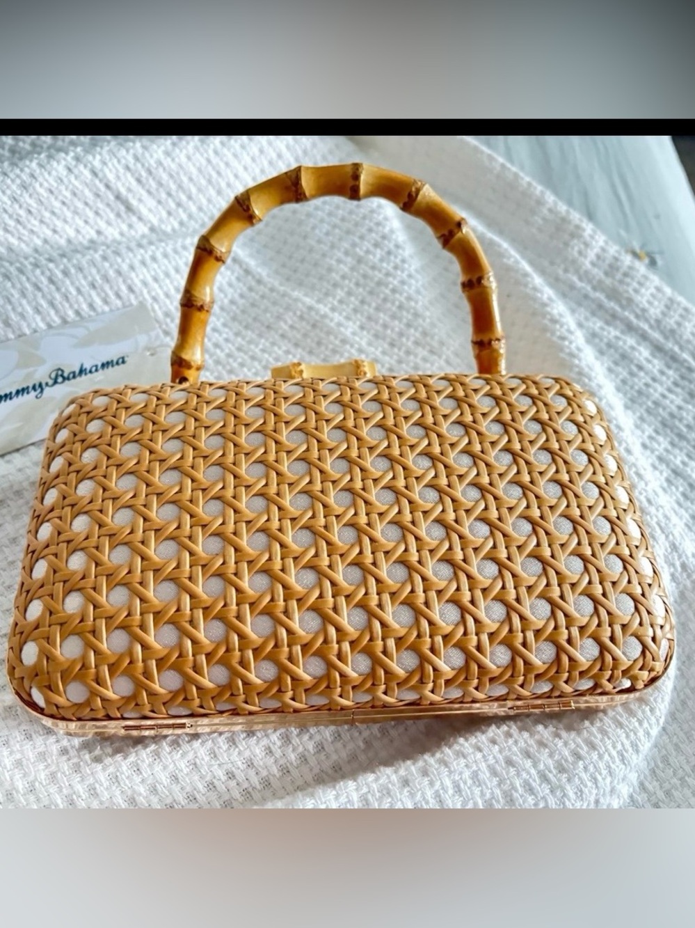 Tommy Bahama Tan Woven Bamboo Handle Top-Handle Bag and a gold chain